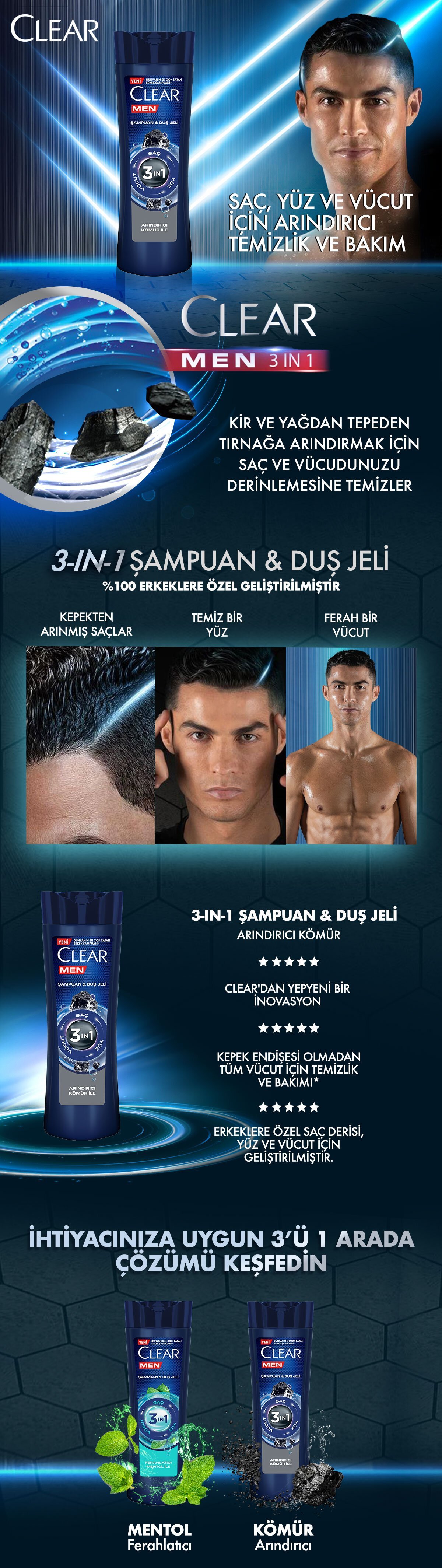 Clear Men 3 in 1 Şampuan & Duş Jeli Arındırıcı Kömür Saç Yüz Vücut İçin 350 ml