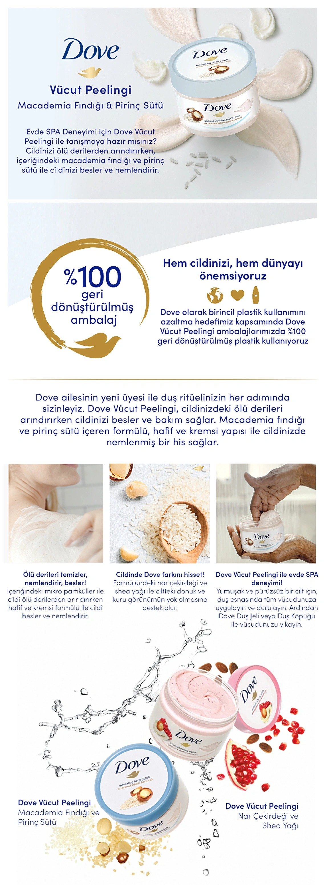 Dove Vücut Peelingi Macademia Fındığı & Pirinç Sütü 225 ml