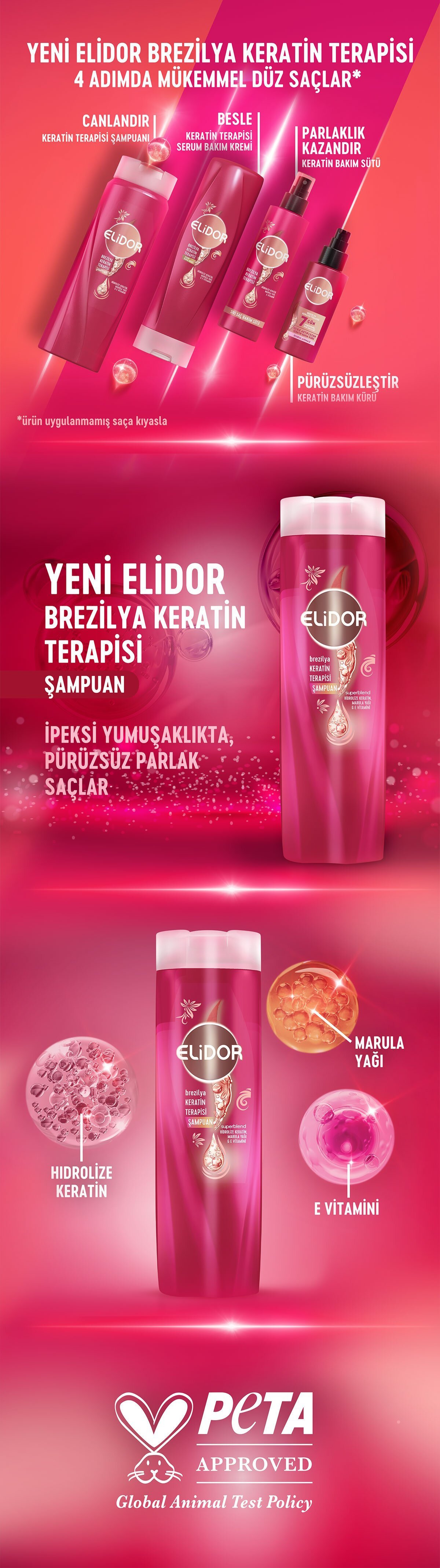 Elidor Brezilya Keratin Terapisi Hidrolize Keratin Marula Yağı E Vitamini Saç Bakım Şampuanı